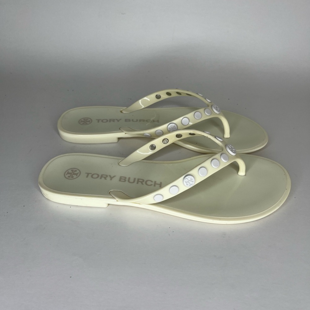 Tory Burch Women's Flat Flip Flops Thong Jelly Sandals Women Size 6M Logo Ivory